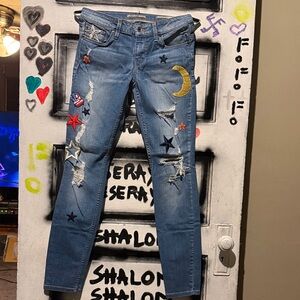 Women's Distressed Blue Jeans with Star and Moon Embroidery